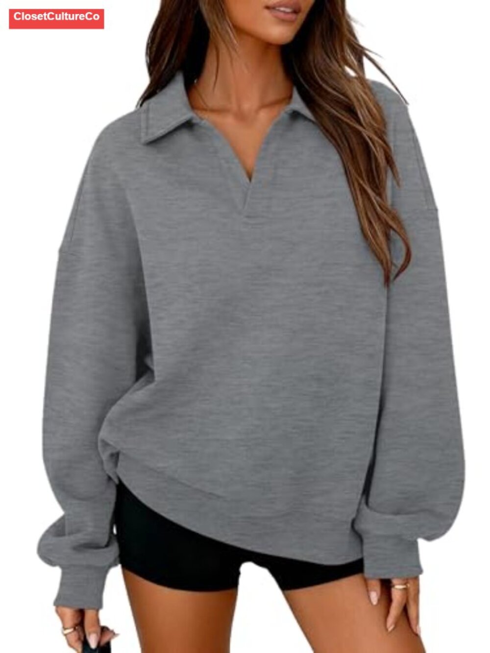 Oversized Fleece-Lined Polo V-Neck Sweatshirt Cotton Blend Pullover